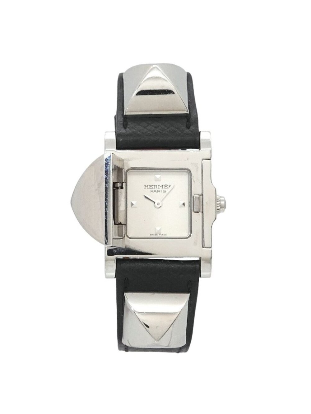 Hermes Medor Watch Pyramid Silver Studs White Quartz